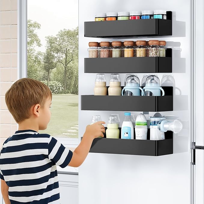 Magnetic Spice Rack for Refrigerator, Kitchen Organizer and Storage Shelf, Black (6 Pack)…