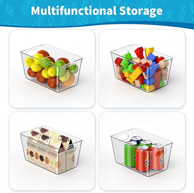 KJIXYUNG Clear Pantry Organizer Bins, Storage Containers & Plastic Containers with Handle, Cabinet Organizer, Home Organization Must Haves for Kitchen, Laundry Room, Office, Closet & Freezer (6 Pack)