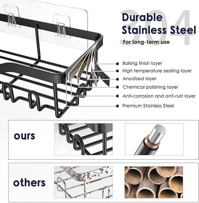 Shower Caddy Adhesive Shower Organizer 8-Pack, Rustproof Stainless Steel Bathroom Shelves, Large Capacity No-Drill Rack Storage Accessories with Soap Dish Toothbrush Holder Hooks