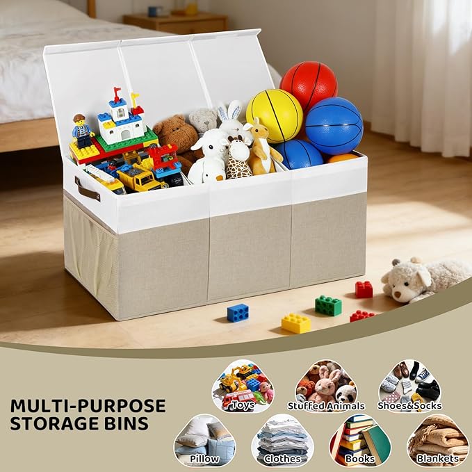 Extra Large Toy Chest,Foldable Storage Box,Large Storage Bins With Lids,Suitable for living rooms,studies,bedrooms(40"X18"X14",White & Beige)