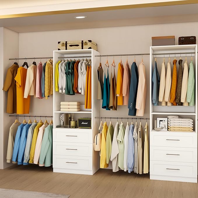 Closet System of 2 Set, 4-18FT Closet Organizer System with 10 Hanging Rods & 6 Wood Drawer & Adjustable Shelves, Walk in Closet Storage System, Free Standing Closet System, White