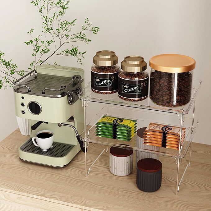 2 Pcs Cabinet Organizer Shelf, Stackable Kitchen Counter Shelves, Spice Rack,Countertop Organizers, Clear Plastic Storage Shelves Rack for Makeup,Bathroom,Cupboard,Desk,Pantry Organization