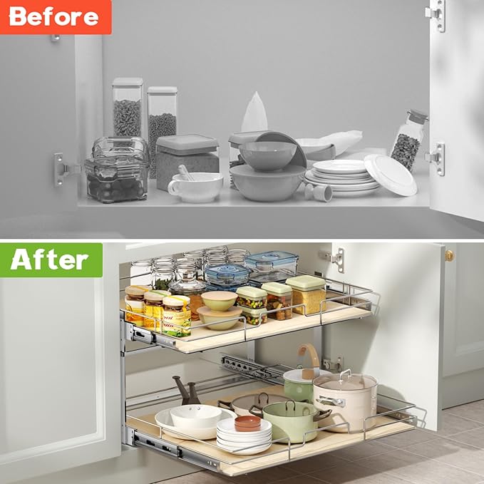 ROOMTEC 2 Tier Individual Pull Out Cabinet Organizer 28½"W x 21½"D, Slide Out Wood Shelves Organizers, Pull Out Drawers Organization and Storage for Kitchen Cabinet