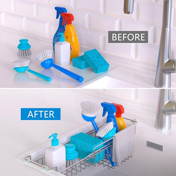 Over The Kitchen Sink Caddy Sponge Holder Organizer Drying Rack Expandable for Sponge Brush Soap Dish Cloth Rag Smaller 12.25" to 17.25", Stainless Steel