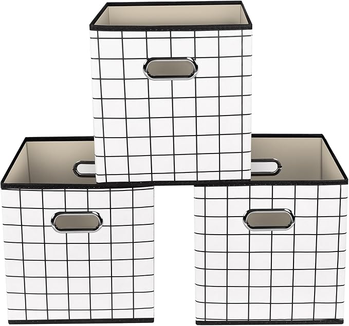 Yunkeeeper storage bins Cubes, Fabric Cube Organizer with Handle, Foldable Cube Bins for Cloth or Accessary Storage, 11x11x11, Set of 3,(White grid)