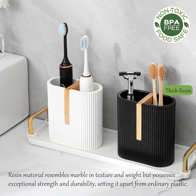 rejomiik Matte Black Toothbrush Holders Electric Toothbrush Holder for Bathrooms, Bamboo Tooth Brushing and Toothpaste Storage Organizer for Sink, Countertop