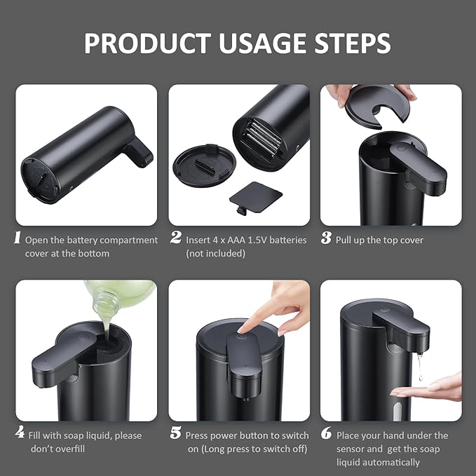 Automatic Soap Dispenser, Automatic Soap Dispenser Touchless, Kitchen & Bathroom, 3 Adjustable Volume for Liquid Soap, Water-Resistant, Hotel, Restaurant and School, Clog-Free, Black