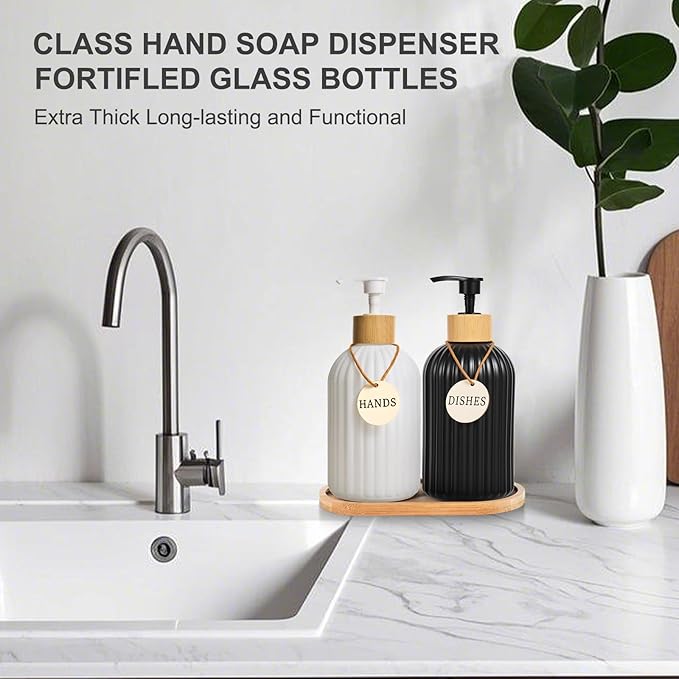 2 Pack ViserVita Glass Hand Soap Dispenser Set with Bamboo Pump, Elegant Refillable Liquid Dish Soap Dispenser with Tray, Perfect for Kitchen Sink and Bathroom Decor