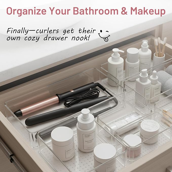 10 Pack Large Drawer Organizer Bins - Clear Plastic Bathroom Drawer Organizer Trays - Heavy Duty Kitchen Drawer Dividers for Utensils - Non-Slip Storage Bins for Makeup, Bedroom, Office Desk