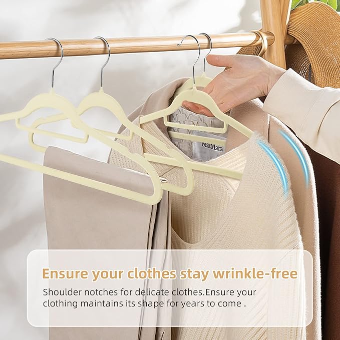20 Pack Non-Slip Velvet Suit Hangers with 360° Swivel Hook - Space Saving Beige Clothes Hangers, Heavy Duty for Adults