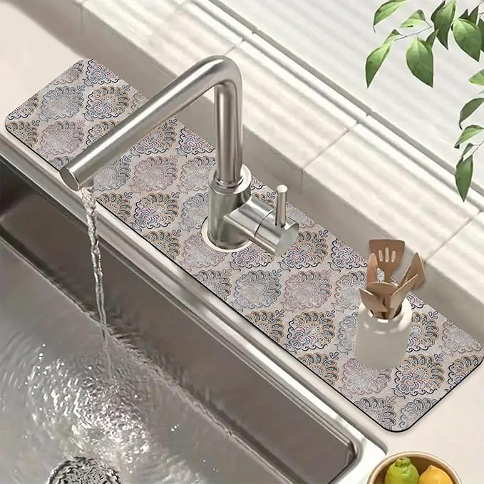 Grey Ceramic Printing Sink Faucet Absorbing Mat Ceramic Texture Super Absorbent Fast Drying Mat Sink Gadgets Behind Faucet Sinkmat for Kitchen Bathroom, 23.5"x5.5"