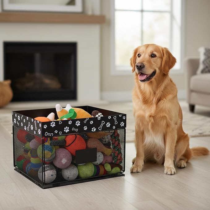 Geyecete dog toy bin chew proof metal dog toy box pet toy basket large Toy organizer Pet Wire mesh folding Dog Toy Organizer for personalized basket