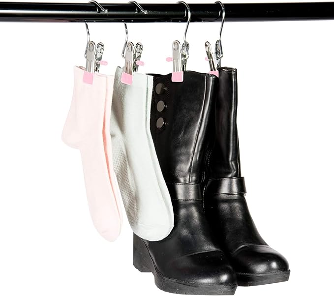 30 Pack Boot Hanger for Closet, Laundry Hooks with Clips, Boot Holder, Hanging Clips, Portable Multifunctional Hangers Single Clip Space Saving for Jeans, Hats, Tall Boots, Towels(Pink)