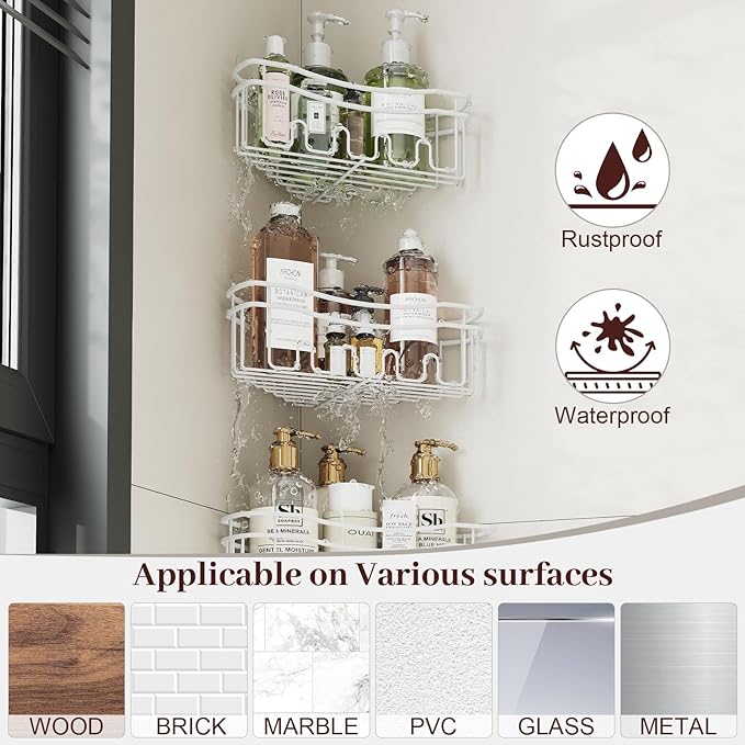 White Shower Caddy Corner, 3-Pack Adhesive Shower Shelves for Inside Shower, Rustproof Bathroom Organizer Corner with Built-in Hooks, No Drilling Bathroom Storage for Bath Accessories