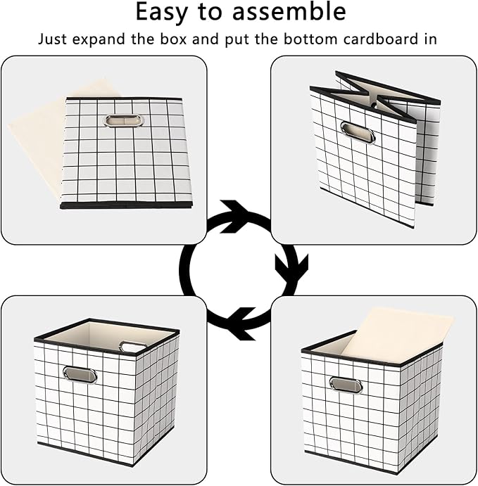Yunkeeeper storage bins Cubes, Fabric Cube Organizer with Handle, Foldable Cube Bins for Cloth or Accessary Storage, 11x11x11, Set of 3,(White grid)