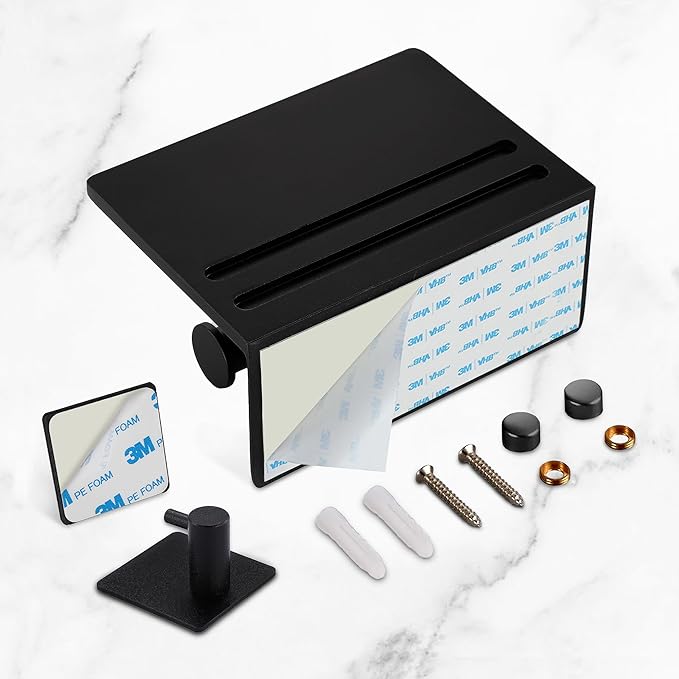 Toilet Paper Holder with Shelf + 2 PCS Towel Hooks - Self Adhesive Toilet Paper Storage - Tissue Roll Holder with Phone Shelf - Wall Mount Toilet Roll Bathroom Organizer - Black