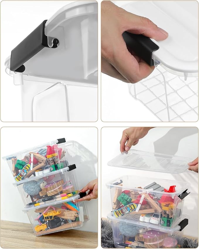 Plastic Storage Bins with Lids 6 Pack, 7 Quart Storage Containers with Black Buckle Latch, Stackable Storage Containers for Home Pantry Office Classroom Organization, White