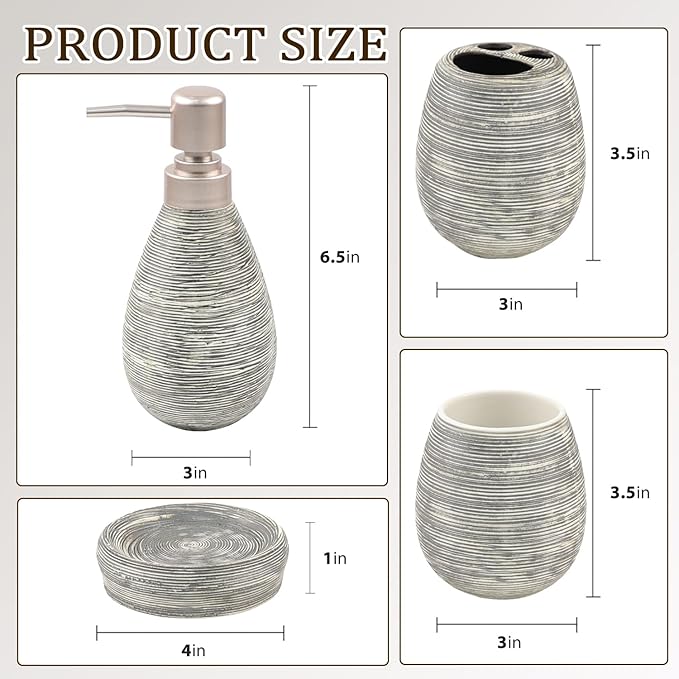 CERBIOR Bathroom Accessories Set,4 Pcs Ceramic Bathroom Decor Accessory,Includes Toothbrush Holder, Toothbrush Cup, Soap Dish for Decorative Countertop and Housewarming Gift(Grey 4pcs)