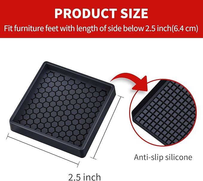 Ezprotekt Non Slip Furniture Pads, 4 Pcs 2.5" Rubber Caster Cups, Anti Skid Furniture Coasters for Hardwood Floors, No Slide Furniture Gripper, Floor Protector for Bed Couch Furniture Stoppers (Black)