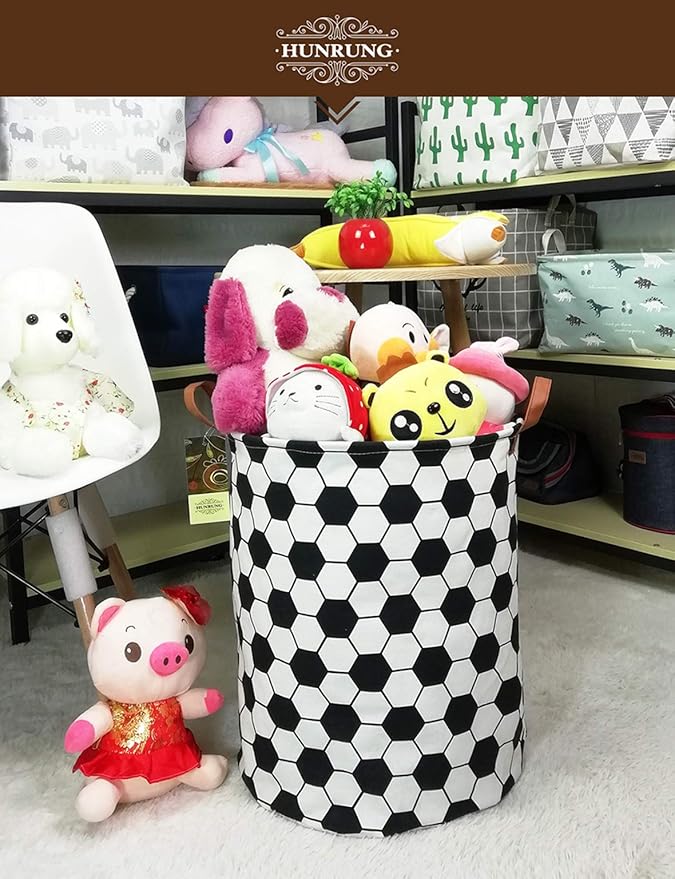HUNRUNG Laundry Hamper,Large Canvas Fabric Lightweight Storage Basket Toy Organizer Dirty Clothes Collapsible Waterproof for College Dorms, Children Bedroom,Bathroom（Roud-Football）