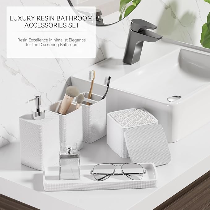 White Bathroom Accessories Set 5 Pieces, Resin Toothbrush Holders Set Complete with Soap Dispenser, Toothbrush Holder, Vanity Tray, Bathroom Tumbler and Qtip Holder for Small Spaces