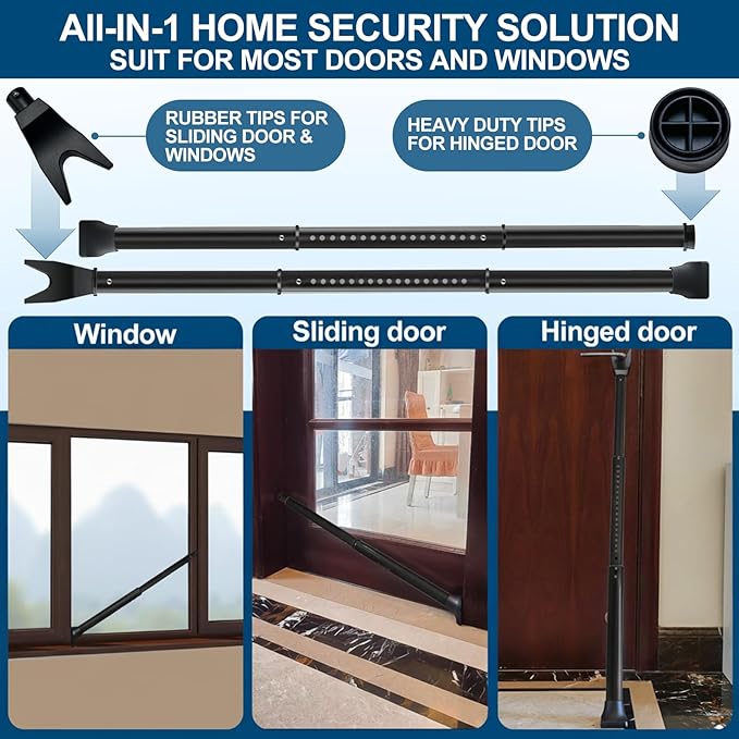 Door Security Bar, Rerishom Door Stoppers Security bar,Heavy Duty Door Lock Security Door Jammer Door Stopper for Apartment, Hotel Room,Screen Door Hardware (Dark Black, 1 Pack)