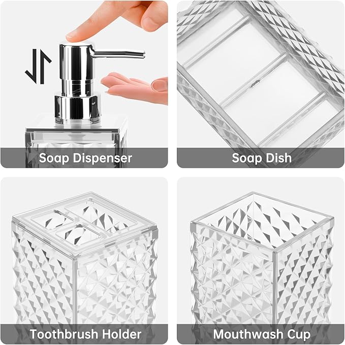 Bathroom Accessory Set, Grid Pattern 4 Pcs Plastic Bathroom Set Include Soap Dispenser, Soap Dish, Toothbrush Holder, Mousewash Cup, Modern Bahtroom Décor Set(White)