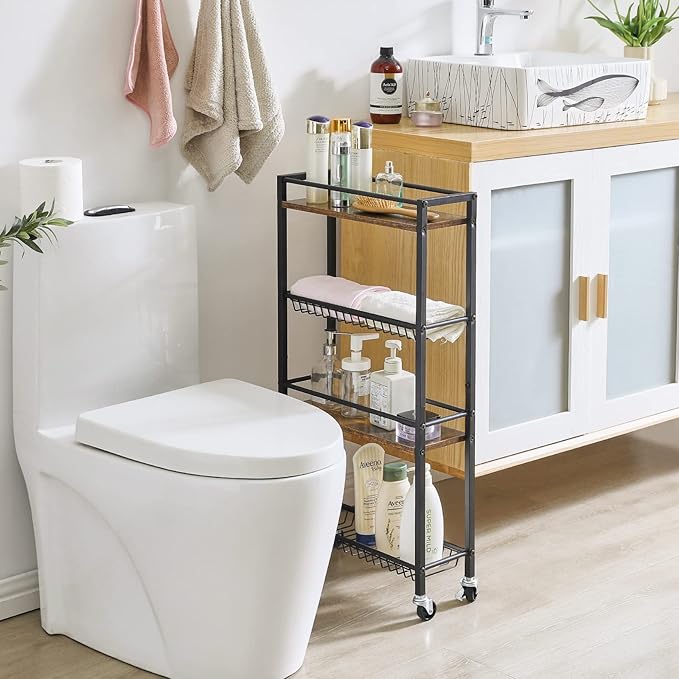 YMYNY Slim Kitchen Storage Rolling Cart, 4-Tier Utility Cart on Wheels, for Narrow Spaces, Laundry Room, Dining Room, Bathroom, 32.7" H Shelving Unit with Mesh Baskets, Rustic Brown UHBR002H