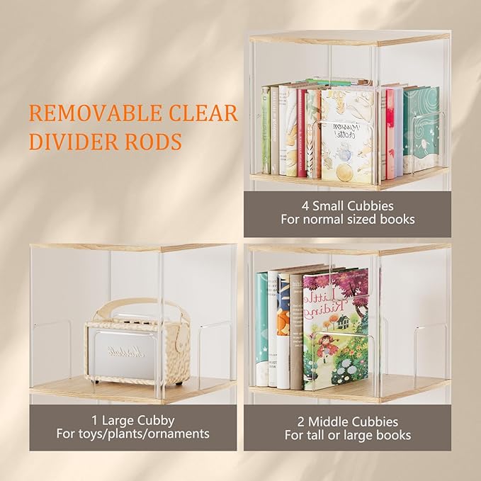 360° Rotating Bookshelf, 5-Tier Spinning Book Shelf Tower with Solid Wood & Clear Acrylic, Square Revolving Bookcase for Living Room, Bedroom and Office