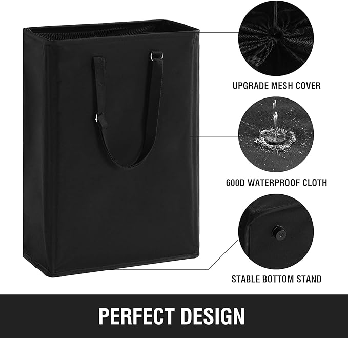 TECHMILLY Slim Laundry Hamper with Adjustable Long Handles, 45L Small Laundry Baskets with Mesh Top, Narrow Dirty Clothes Hamper for Bedroom, Closet, and Bathroom - Black
