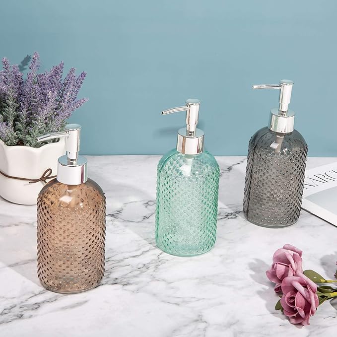 Cutiset 3 Pack Assorted Glass 15 Ounce Lotion Soap Dispenser Bottle with Pump for Bathroom, Kitchen