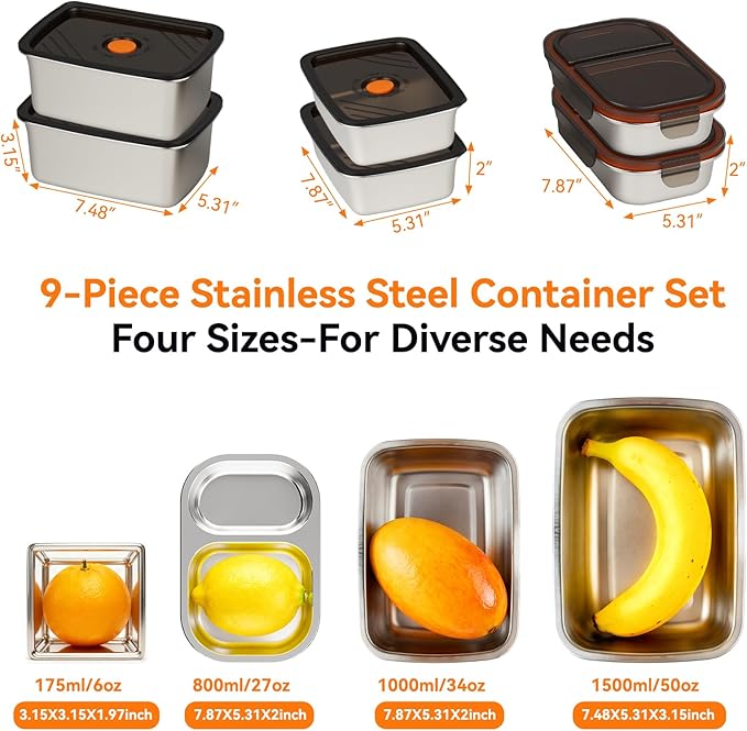 YUANYE 9 Pack 50/34/27/6oz Stainless Steel Food Storage Containers Sets, Leak-Proof Airtight Lunch Box with Lids, Small Snack Containers Oven/Dishwsher/Freezer Safe for Meal Prep, School, Work, Picnic