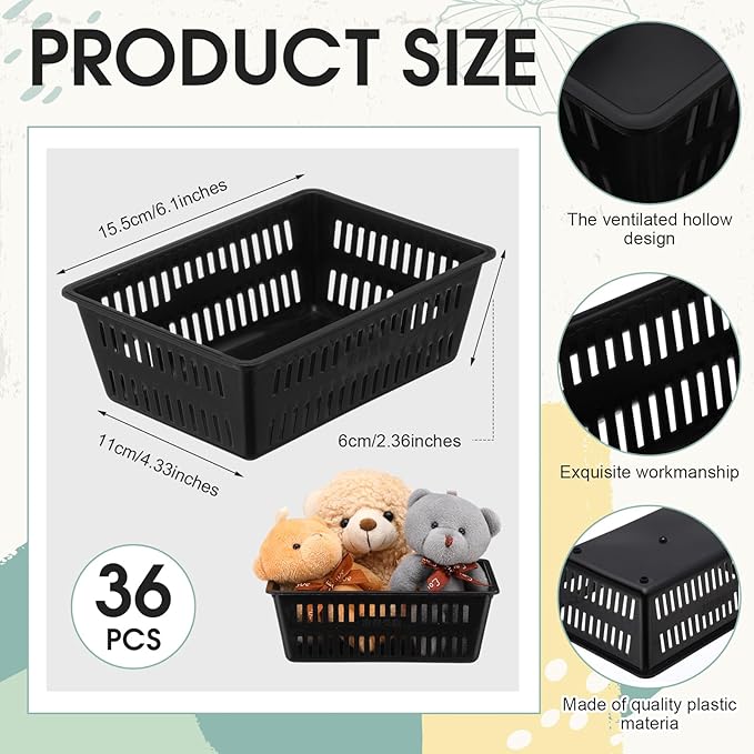 Sherr 36 Pack Classroom Storage Basket Small Plastic Basket for Organizing Crayon Pencil Container Storage Bin Tray Holder for Paper Shelf Back to School Office Supply 6.1" l x 4.3" w x 2.4" h(Black)