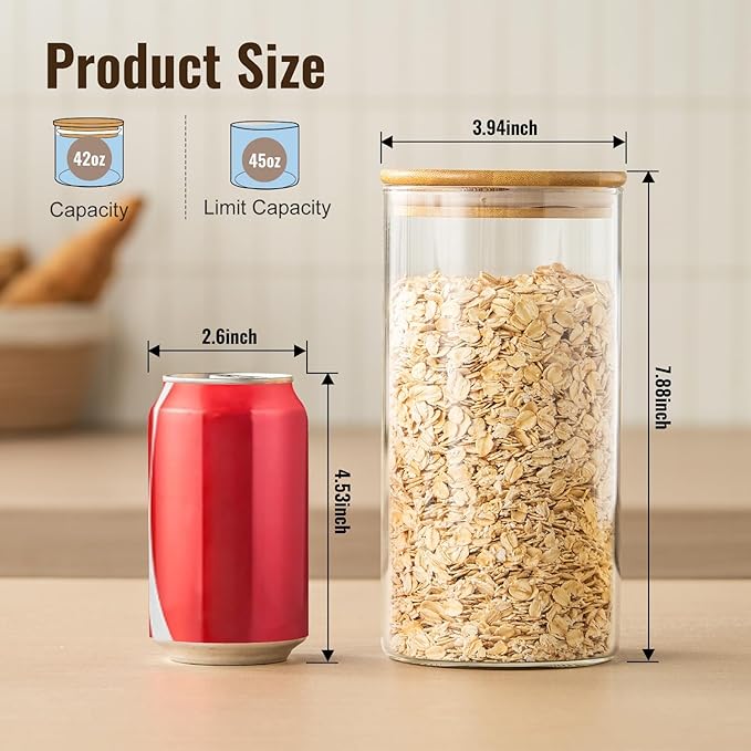 HeipokLife 4 Pack 42oz Glass Jars with Bamboo Lids,Glass Storage Containers with Lids,Clear Airtight Food Storage Jar for Flour,Oat,Coffee,Tea,Sugar,Cookies,Pantry Organizers 3mm Thick Canisters