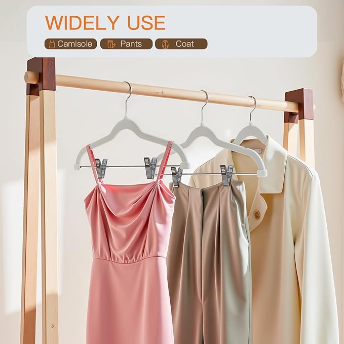 Flottian 24 Pack White Velvet Pants Hangers,Velvet Hangers with Clips Adjustable,Space-Saving Slim Flocked Hanger,Heavy Duty Non Slip Hanger for Skirts,Coats,Pants,Dress