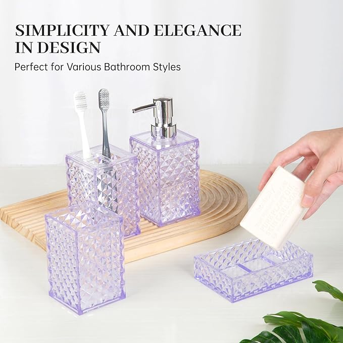 Bathroom Accessory Set, 4 Pcs Plastic Bathroom Set Include Soap Dispenser, Soap Dish, Toothbrush Holder, Mousewash Cup, Modern Bahtroom Décor Set, Space Save for Bathroom(Light Purple)