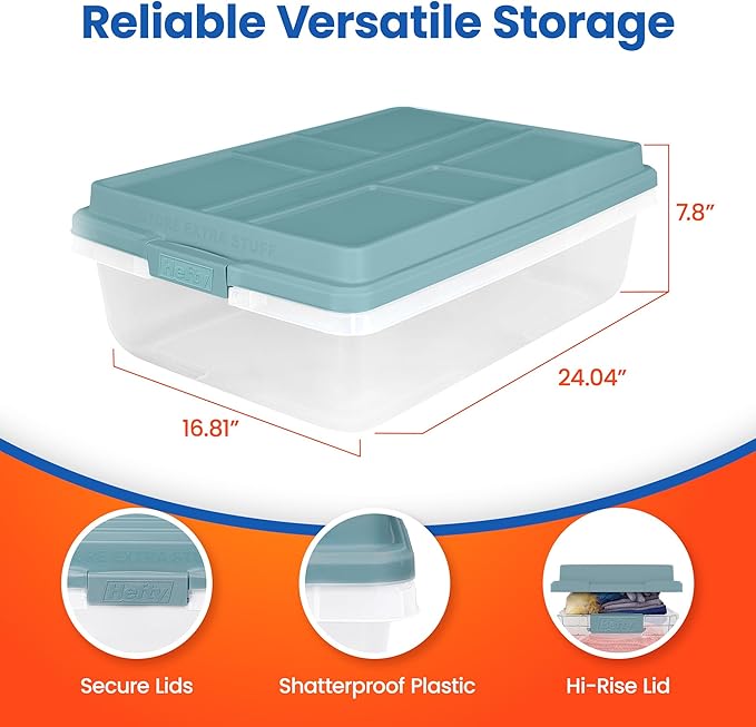 Hefty HI-RISE 40 Qt Stackable Storage Bins with Lids – 6 Pack Clear Plastic Under Bed Storage Containers, Shoe Organizer Boxes with XL Lid-Locking Latches, Comfort-Grip Handles, Durable Double Rim