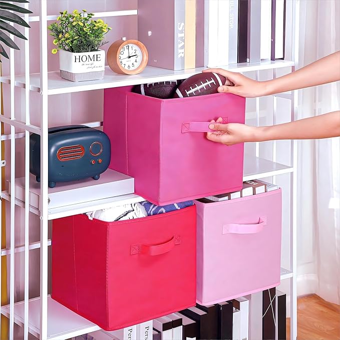 Karenhi 11" x 10. 5" x 10. 5" Pink Storage Cube, 6 Pack Fabric Cube Storage Bins Organizer Box, Collapsible Baskets with Handles Foldable Shelf for Cloth Toys Home Room Closet, Pack of 6