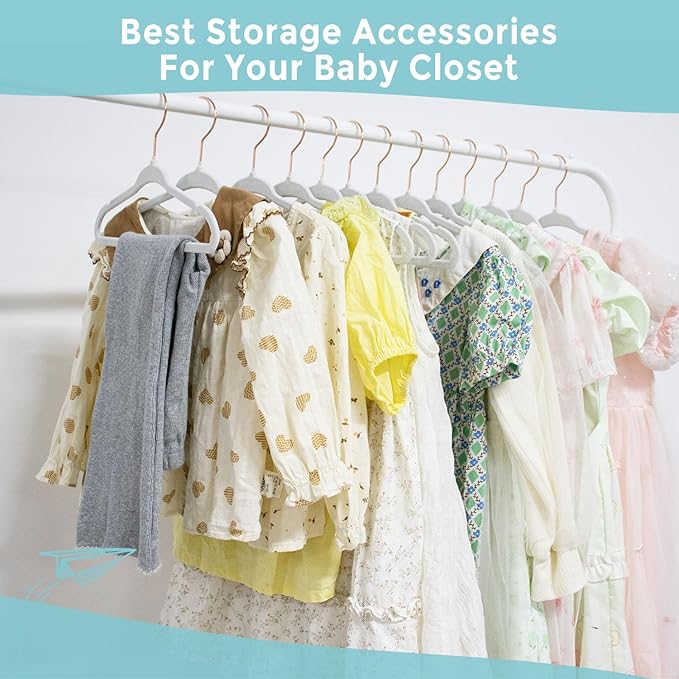 14 Inch Velvet Kids Hangers -50 Pack Durable & Non-Slip Closet Organizers for Big Kids & School-Age Children, 0.2" Ultra Slim Space-Saving Design with 10 Hanger Clips - White