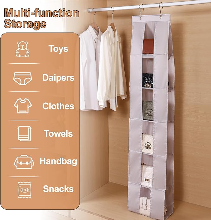 Over The Door Purse Organizer, 6-Pocket Hanging Storage for Handbags, 62.2x10.24 Inch, Space-Saving Closet Organizer with Metal Hooks, Gray (Black)