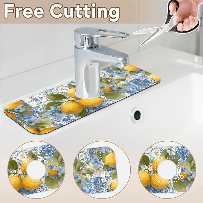 Lemon Sink Faucet Absorbing Mat, Blue Flower Kitchen Faucet Pad, Fresh Sink Splash Guard, for Bathroom Kitchen Sink Faucet Mat Drying Mat 15.4"x5.7", Home Decoration Present