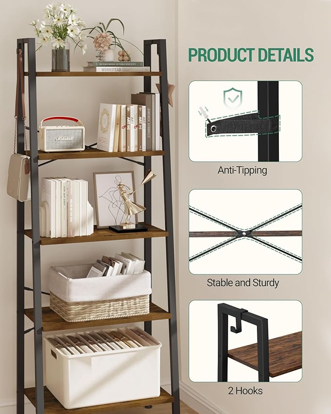 Ladder Shelf, Bookshelf Bookcase, Freestanding Corner Storage Shelve with 2 Hooks for Home Office, Living Room, Kitchen, Bedroom, Industrial, 11.8" D x 23.6" W x 63" H, Rustic Brown BC19301B