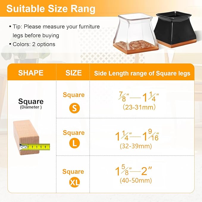 CHUNZEXI 24 Pack Square Chair Leg Floor Protectors for Hardwood Floors, Silicone Felt Covers Pads Caps, Protect Wood Furniture Feet Floors Noise Reduce and Scratch (Square Large & Black)