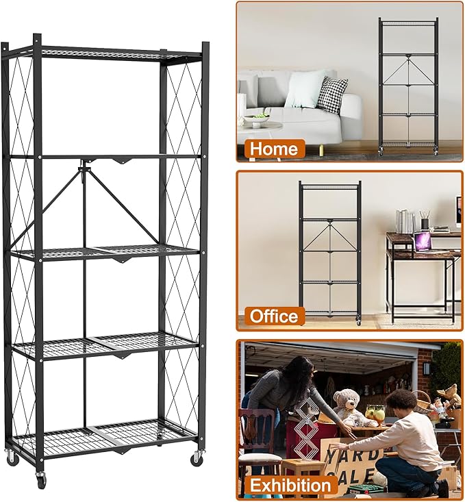 5 Tier Foldable Metal Storage Shelf with Wheels, 500 LBS Heavy Duty Collapsible Wire Shelving Unit, Rolling Utility Rack Cube Bookshelf for Kitchen Pantry Office Garage, 64" x 13" x 27" Black