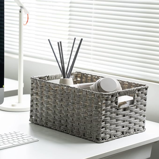 Wicker Baskets 2 Pack, Wicker Storage Basket with Handles, Waterproof Woven Baskets for Organizing, Large Storage Basket 15" and Medium 14", Grey