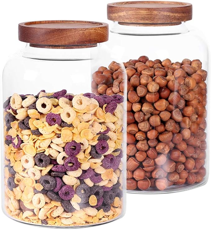 LEAVES AND TREES Y Thicken Glass Storage Jar, Food Storage Container/Canisters with Airtight Wooden Lid for Tea, Coffee, Honey, Cacao Powder,BPA Free Perfect as a Cereal Dispenser (7.6inch 2pcs)