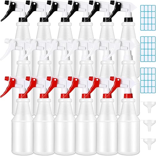 Yinder 18 Pcs 16 Oz Plastic Spray Bottle Bulk Empty Refillable Spray Bottles for Cleaning Solution Leak Proof Water Sprayer with Adjustable Nozzle Mist/Stream Mode(Black, White, Red)