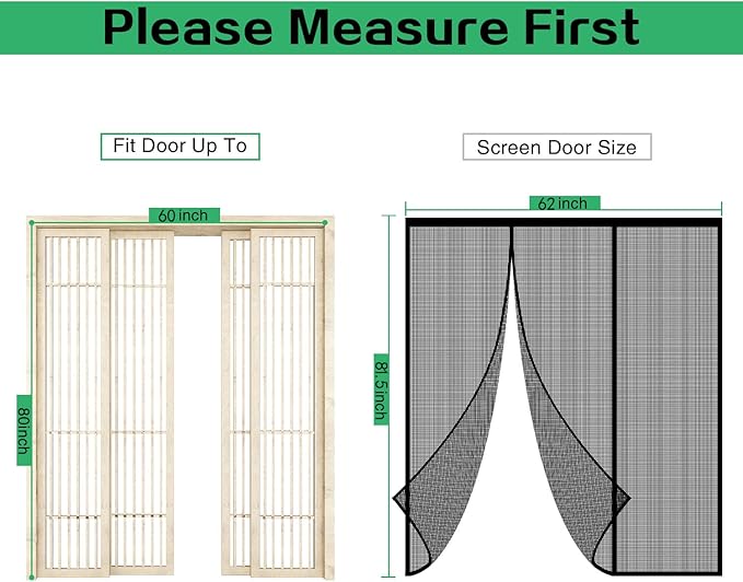 Fiberglass Magnetic Screen Door, Self Sealing Magnets Door Screen, Reinforced Heavy Duty Mesh Net Closure for Sliding Door, Patio, Bedroom-Hands Free, Fit Doors Size Up to 60 x 80 Inch, Black