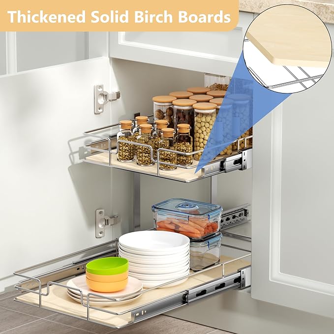ROOMTEC 2 Tier Individual Pull Out Cabinet Organizer 16½"W x 21½"D, Slide Out Wood Shelves Organizers, Pull Out Drawers Organization and Storage for Kitchen Cabinet