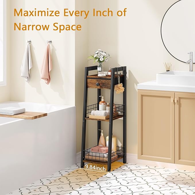 3-Tier Narrow Ladder Shelf with Drawer, Bathroom Table Stand for Small Space, Narrow Bathroom Standing Shelves with Storage for Living Room Bedroom Kitchen, Organizer Shelf, Rustic Brown